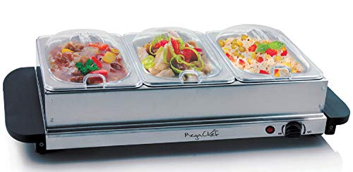 MegaChef Buffet Servidor y calentador de alimentos con 3 bandejas seccionales extraíbles, bandeja de calentamiento y marco de bandeja extraíble