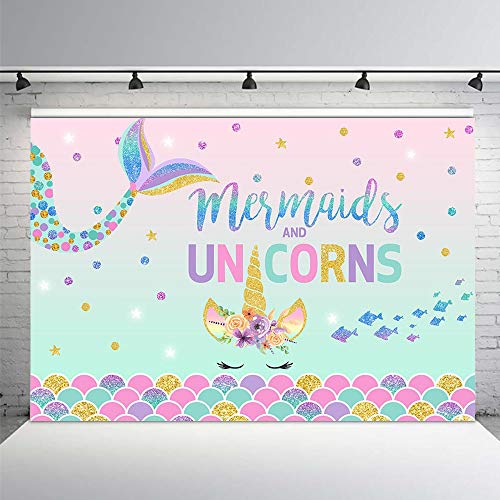 MEHOFOTO - Fondo para fotografía de cumpleaños con diseño de sirena y unicornio de 7 x 5 pies, diseño de unicornio con purpurina dorada, morada, rosa, fondo de estudio fotográfico