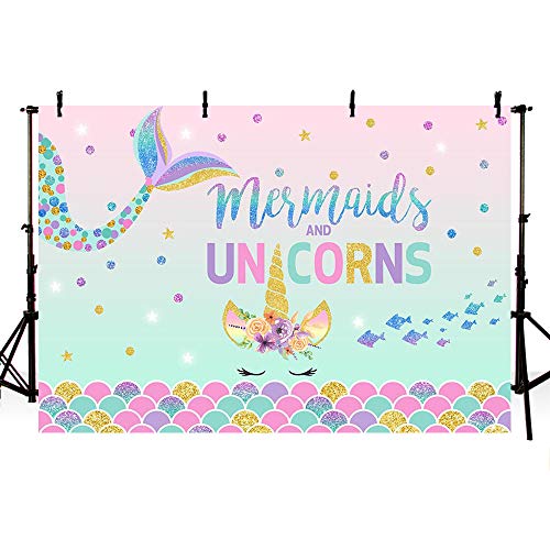 MEHOFOTO - Fondo para fotografía de cumpleaños con diseño de sirena y unicornio de 7 x 5 pies, diseño de unicornio con purpurina dorada, morada, rosa, fondo de estudio fotográfico