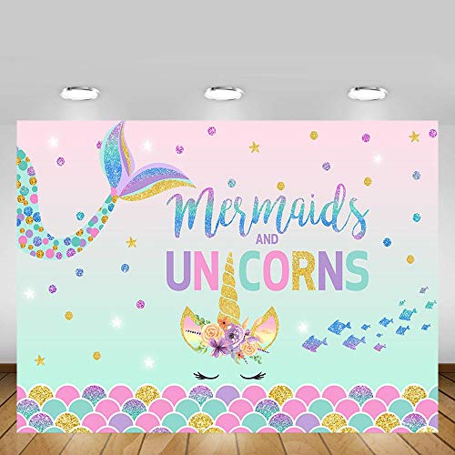 MEHOFOTO - Fondo para fotografía de cumpleaños con diseño de sirena y unicornio de 7 x 5 pies, diseño de unicornio con purpurina dorada, morada, rosa, fondo de estudio fotográfico