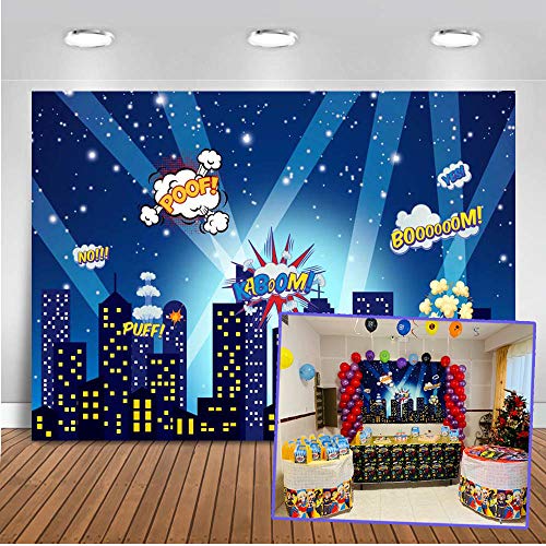 Mehofoto superhéroe telón de fondo 7x5ft paisaje urbano dibujos animados edificios altos telones de fondo de fotos sin fisuras para niños fiesta fotografía fondo