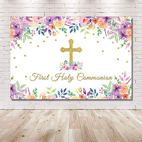 Mehofoto telón de Fondo para la Primera comunión para Bautizo, Bautizo, diseño Floral, Color Rosa y Morado con Purpurina Dorada, Cruz de Dios Bendición, Fondo para fotografía, 7 x 5 pies