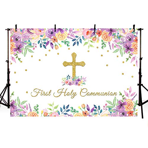Mehofoto telón de Fondo para la Primera comunión para Bautizo, Bautizo, diseño Floral, Color Rosa y Morado con Purpurina Dorada, Cruz de Dios Bendición, Fondo para fotografía, 7 x 5 pies