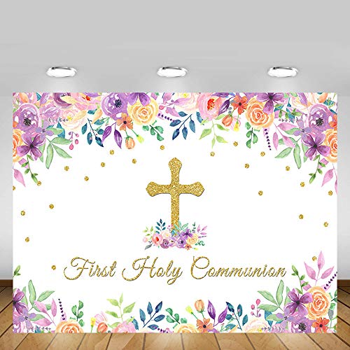 Mehofoto telón de Fondo para la Primera comunión para Bautizo, Bautizo, diseño Floral, Color Rosa y Morado con Purpurina Dorada, Cruz de Dios Bendición, Fondo para fotografía, 7 x 5 pies