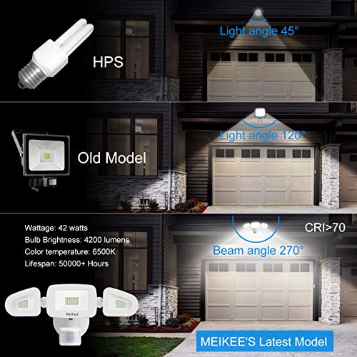 Meihua 42W Foco LED Exterior con Sensor de Movimiento PIR 48LED Luces de Seguridad IP65 Impermeable 4200 lumens Lámpara Proyector LED con 3 Cabeza 360 ° Ajustable - Blanco Frío (6500K )