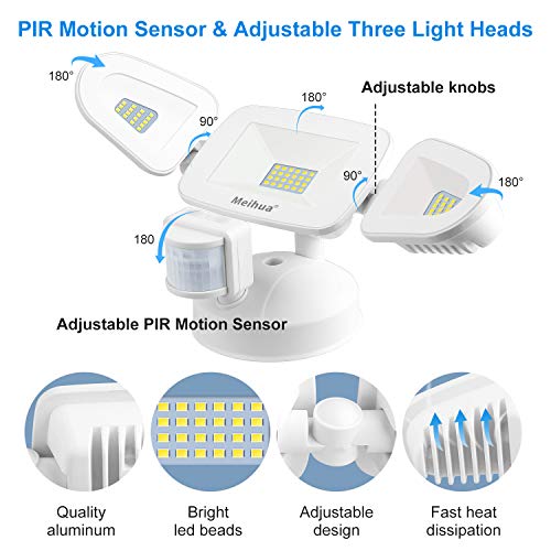Meihua 42W Foco LED Exterior con Sensor de Movimiento PIR 48LED Luces de Seguridad IP65 Impermeable 4200 lumens Lámpara Proyector LED con 3 Cabeza 360 ° Ajustable - Blanco Frío (6500K )