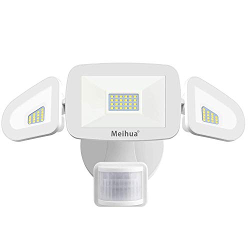 Meihua 42W Foco LED Exterior con Sensor de Movimiento PIR 48LED Luces de Seguridad IP65 Impermeable 4200 lumens Lámpara Proyector LED con 3 Cabeza 360 ° Ajustable - Blanco Frío (6500K )