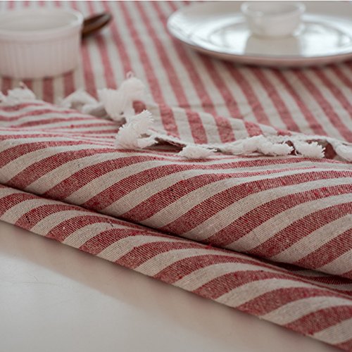 meioro Manteles Rectangular Mantel Antimanchas Mantel para Mesa de Lino Striped Tassel Tablecloth La decoración del hogar es Adecuada para Interiores y Exteriores (Rayas Rojas / Blancas, 100×140cm)