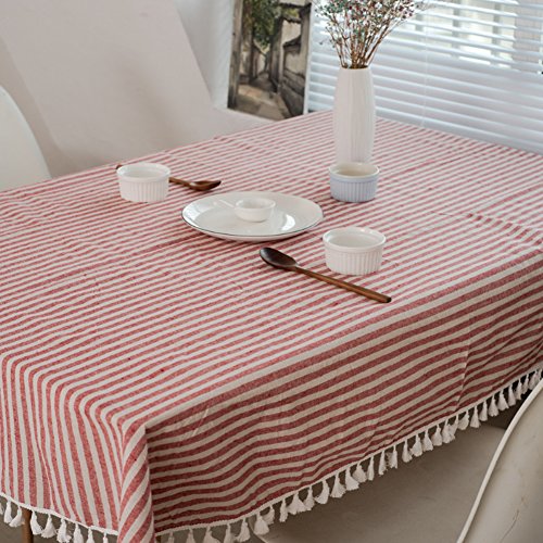 meioro Manteles Rectangular Mantel Antimanchas Mantel para Mesa de Lino Striped Tassel Tablecloth La decoración del hogar es Adecuada para Interiores y Exteriores (Rayas Rojas / Blancas, 100×140cm)