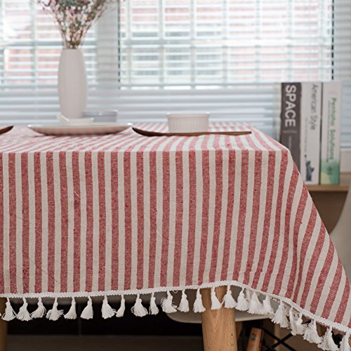 meioro Manteles Rectangular Mantel Antimanchas Mantel para Mesa de Lino Striped Tassel Tablecloth La decoración del hogar es Adecuada para Interiores y Exteriores (Rayas Rojas / Blancas, 100×140cm)