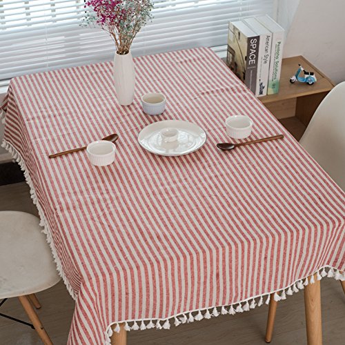 meioro Manteles Rectangular Mantel Antimanchas Mantel para Mesa de Lino Striped Tassel Tablecloth La decoración del hogar es Adecuada para Interiores y Exteriores (Rayas Rojas / Blancas, 100×140cm)