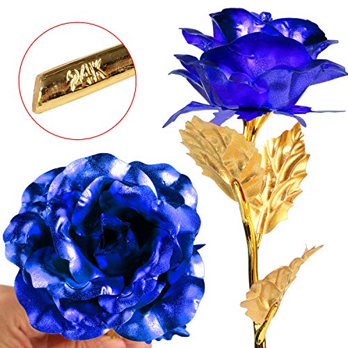 MEIWO 24K Gold Rose, Long Stem Gold Rose con Love Letter Display Stand, cumpleaños, Día de San Valentín, Día de la Madre, Aniversario de Boda Home Decor(Azul)
