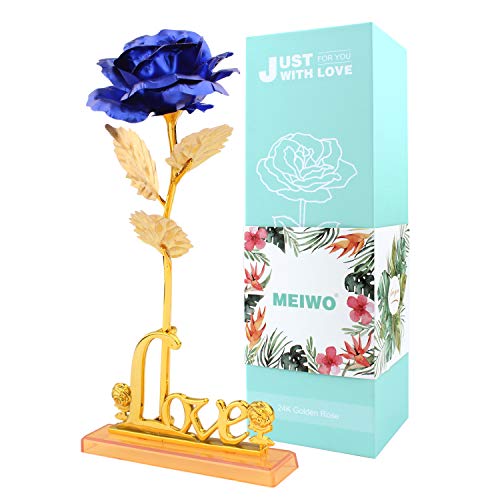 MEIWO 24K Gold Rose, Long Stem Gold Rose con Love Letter Display Stand, cumpleaños, Día de San Valentín, Día de la Madre, Aniversario de Boda Home Decor(Azul)