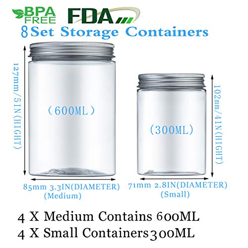 MEIXI 8 Pieza Transparente Botes Cocina, Recipientes Slime, Contenedor Alimentos, Tarro Plastico con Tapa de Metal Atornillable (3.6L)