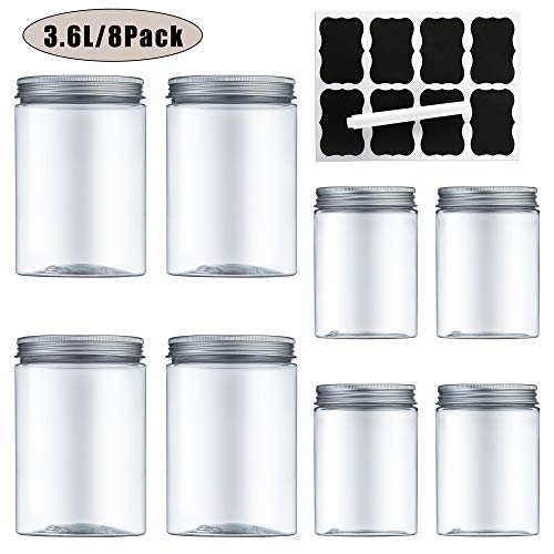 MEIXI 8 Pieza Transparente Botes Cocina, Recipientes Slime, Contenedor Alimentos, Tarro Plastico con Tapa de Metal Atornillable (3.6L)