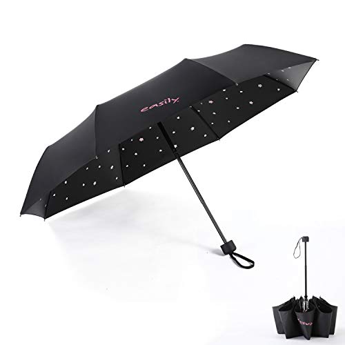 Meiyijia Paraguas Plegable, Mini Paragua,Paraguas Ultraligero, (99% UV Resistencia &100% Impermeable) Doble-Uso Paraguas Del Sol/Lluvia, Conveniente para Viajes（Flor de cerezo Negro Expandir 96cm）