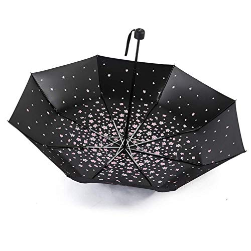 Meiyijia Paraguas Plegable, Mini Paragua,Paraguas Ultraligero, (99% UV Resistencia &100% Impermeable) Doble-Uso Paraguas Del Sol/Lluvia, Conveniente para Viajes（Flor de cerezo Negro Expandir 96cm）