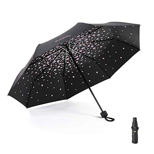 Meiyijia Paraguas Plegable, Mini Paragua,Paraguas Ultraligero, (99% UV Resistencia &100% Impermeable) Doble-Uso Paraguas Del Sol/Lluvia, Conveniente para Viajes（Flor de cerezo Negro Expandir 96cm）
