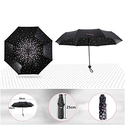 Meiyijia Paraguas Plegable, Mini Paragua,Paraguas Ultraligero, (99% UV Resistencia &100% Impermeable) Doble-Uso Paraguas Del Sol/Lluvia, Conveniente para Viajes（Flor de cerezo Negro Expandir 96cm）