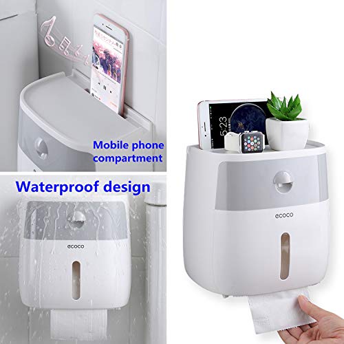 Meiyijia Portarrollo para Papel Higiénico,Montaje en Pared,Caja de Almacenamiento de pañuelos de Papel con cajón, Fácil Instalación Sin Taladro (Gris)