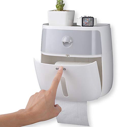 Meiyijia Portarrollo para Papel Higiénico,Montaje en Pared,Caja de Almacenamiento de pañuelos de Papel con cajón, Fácil Instalación Sin Taladro (Gris)