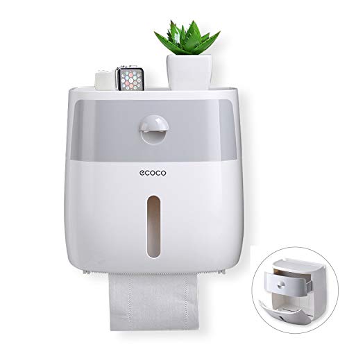 Meiyijia Portarrollo para Papel Higiénico,Montaje en Pared,Caja de Almacenamiento de pañuelos de Papel con cajón, Fácil Instalación Sin Taladro (Gris)