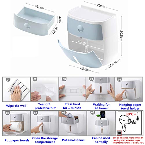 Meiyijia Portarrollo para Papel Higiénico,Montaje en Pared,Caja de Almacenamiento de pañuelos de Papel con cajón, Fácil Instalación Sin Taladro (Gris)