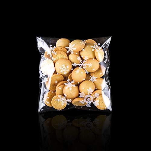 MELLIEX 200 Piezas Bolsas de Galletas navideñas, Autoadhesivo y sellable OPP, Copos de Nieve de plástico, Dulces, Dulces, panaderías, Bolsas de Regalo para Fiestas navideñas