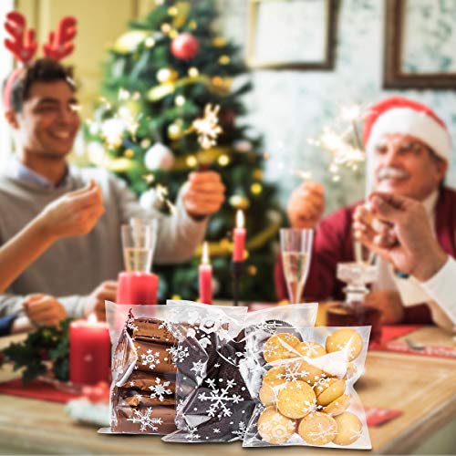 MELLIEX 200 Piezas Bolsas de Galletas navideñas, Autoadhesivo y sellable OPP, Copos de Nieve de plástico, Dulces, Dulces, panaderías, Bolsas de Regalo para Fiestas navideñas