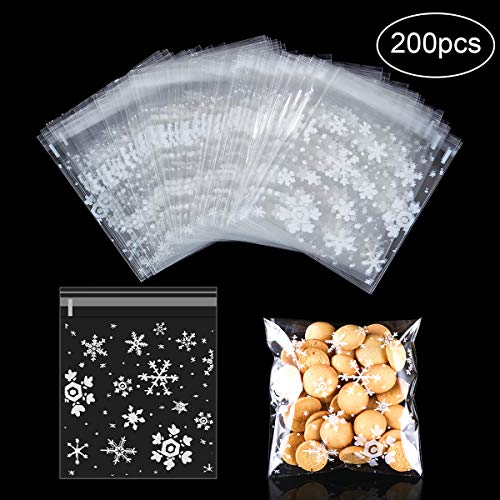 MELLIEX 200 Piezas Bolsas de Galletas navideñas, Autoadhesivo y sellable OPP, Copos de Nieve de plástico, Dulces, Dulces, panaderías, Bolsas de Regalo para Fiestas navideñas