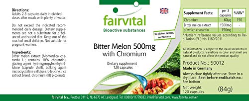 Melón Amargo 500mg con Cromo - Dosis elevada - VEGANO - 120 cápsulas - con 10% de Charantina - Calidad Alemana