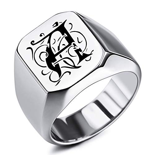 MeMeDIY Anillo de Sello de Monograma Inicial Grabado Personalizado para Hombres, Mujeres, niños, Acero Inoxidable para Hombres, Paquete con ajustadores de tamaño de Anillo(Plata Color, Talla 17)