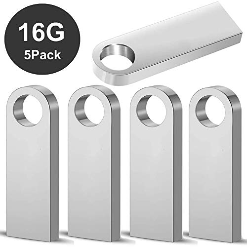 Memorias USB 16GB,5 Piezas PenDrives Memoria Flash USB 2.0 JUYUKEJI Mini Unidad Flash Unidad de Memoria USB Resistente al Agua con Carcasa de Metal, Plateada (16GB * 5)