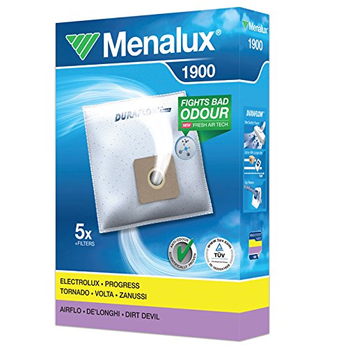 Menalux 1900 - Pack de 5 bolsas y 2 filtros para aspiradoras Ariete Diablo, Fagor VCE2000, Taurus Panamera y Ufesa Activa, Power S y Ionic