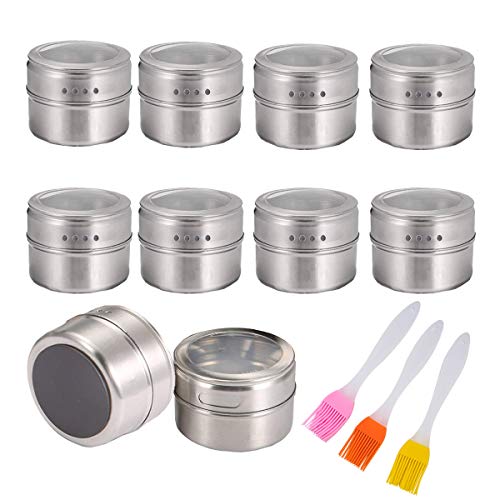 Mengger tarro de la especia Magnética Botes Condimentos Acero Inoxidable de Almacenamiento Salsa Cocina por Refrigerador Ideal para Sal Pimienta Hierbas 10 contenedores + 3 Cepillo Especias Bote