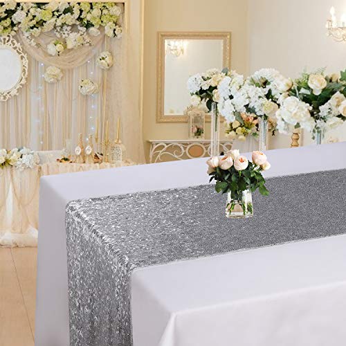 MengH-SHOP Camino de Mesa de Lentejuelas con Purpurina Rectangular para Boda Evento Fiesta Banquetes Decoración 30 * 280cm Plata