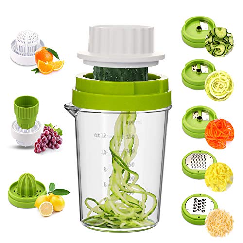 MENNYO Cortador de Verdura 8 en 1, Espiralizador de Verduras para Espaguetis de Calabacín, Zanahorias, Cortador de Patatas Mandolina de Cocina con Exprimidor Limon Manual, Exprimidor Naranjas