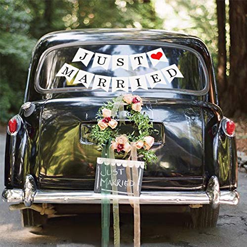 Meowoo Guirnalda Boda Just Married Banderines y 10 Globos de Látex, Papel Banderas Decoración Patrones de Corazón Banner de Boda Set para Fiesta Boda Jardín Coche