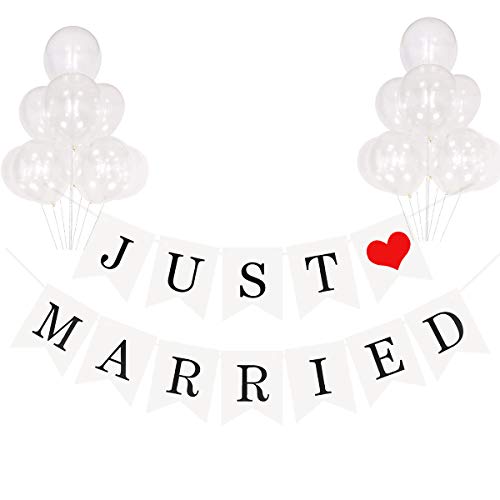 Meowoo Guirnalda Boda Just Married Banderines y 10 Globos de Látex, Papel Banderas Decoración Patrones de Corazón Banner de Boda Set para Fiesta Boda Jardín Coche