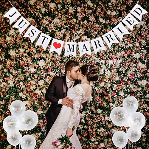 Meowoo Guirnalda Boda Just Married Banderines y 10 Globos de Látex, Papel Banderas Decoración Patrones de Corazón Banner de Boda Set para Fiesta Boda Jardín Coche