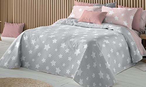 Mercato House - Colcha Bouti Estampada Infantil Estrellas Estela/Colcha Reversible /100% Poliéster Relleno de 100gr + Fundas Cojín 50x60cm, (Rosa - Gris, Cama - 90 (180x270))