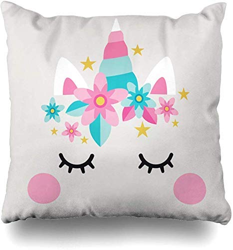 Mesllings - Funda de almohada de merengue con flores azules y unicornio, diseño de tarta de color rosa, ideal para fiestas de comida, bebidas, ojos de hadas, caballos, decoración del hogar, 45 x 45 cm