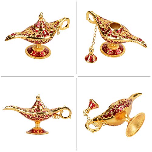 Metal Tallado Aladdin Lámpara Magic Vintage Inicio Té Aceite Olla Arte árabe Artesanía Regalo Rare Retro Leyenda Color Aladdin Genie Luz Deseando Lámpara Pot Potable (Rojo)