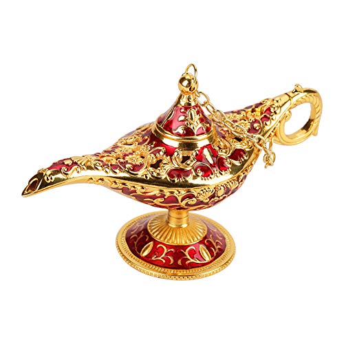Metal Tallado Aladdin Lámpara Magic Vintage Inicio Té Aceite Olla Arte árabe Artesanía Regalo Rare Retro Leyenda Color Aladdin Genie Luz Deseando Lámpara Pot Potable (Rojo)