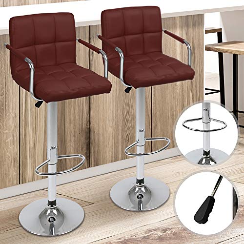 MIADOMODO Taburete de Bar - con Reposapies y Reposabrazos, Base de Metal, Giratorio y Regulable en Altura, Color y Juego a Elegir - Sedia, Silla, Taburete, Comedor, Mueble (Vino Rojo, Juego de 2)