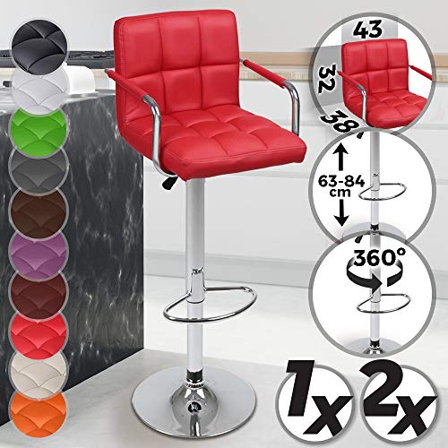 MIADOMODO Taburete de Bar - con Reposapies y Reposabrazos, Base de Metal, Giratorio y Regulable en Altura, Color y Juego a Elegir - Sedia, Silla, Taburete, Comedor, Mueble (Rojo, 1 Pieza)