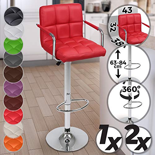 MIADOMODO Taburete de Bar - con Reposapies y Reposabrazos, Base de Metal, Giratorio y Regulable en Altura, Color y Juego a Elegir - Sedia, Silla, Taburete, Comedor, Mueble (Rojo, 1 Pieza)
