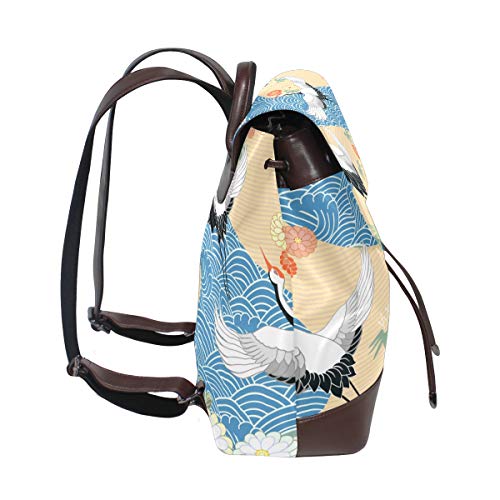 MIGAGA Patrón Sin Fisuras con Aves Grulla Garza Japonesa,Mochila de Cuero de PU Mochila de Colegio Colegio Mochila de Estudiantes Viajes de Viaje Bolsas de Camping
