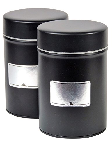 mikken 42168 2 Tarros de Especias con Tapa Interior de Aroma Adicional, Lata de té, Tarro Diámetro 8,3 cm, Incluye 2 Etiquetas para rotular, Metal, Negro, 8.3 x 8.3 x 12.6 cm