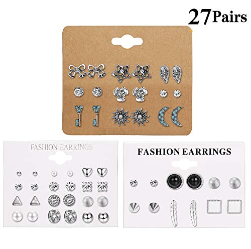 Milacolato 27 Assorted Multiple Studs Earring Set para Mujeres Niñas Bohemia Retro Vintage Style Earrings Paquete de tarjeta